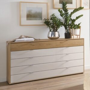 Komoda BARI s 5 zásuvkami, fronty zásuviek z masívu dub bianco a zo skla vo farbe champagne