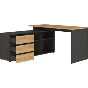 Rohový písací stôl 4187-549 GW-LISSABON v dekore grafit / dub navarra (otvorený)