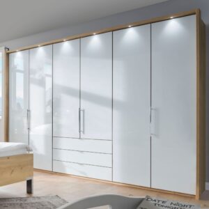 Panoramatická funkčná skriňa LOFT so 6 skladacími dverami a 4 zásuvkami, korpus v dekore dub bianco, sklenené fronty v bielej farbe