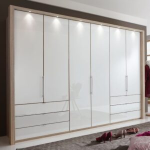 Panoramatická funkčná skriňa LOFT so 6 skládacími dverami a 6 zásuvkami, korpus v dekore dub pílený, sklenené fronty v bielej farbe