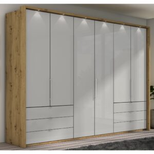 Panoramatická funkčná skriňa LOFT so 6 skladacími dverami а 6 zásuvkami, korpus v dekore dub bianco, sklenené fronty vo farbe kamienkovo sivá