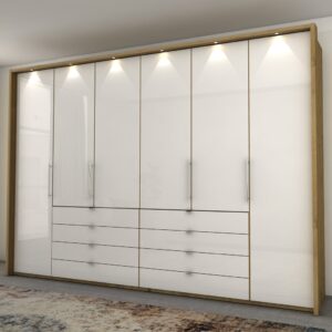 Panoramatická funkčná skriňa LOFT so 4 skládacími / 2 krídlovými dverami a 8 zásuvkami, korpus v dekore dub bianco, sklenené fronty v bielej farbe