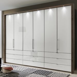 Panoramatická funkčná skriňa LOFT so 6 skladacími dverami a 9 zásuvkami, korpus v dekore dub truflový, sklenené fronty v bielej farbe