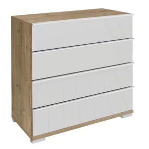 Komoda LOFT so 4 zásuvkami, korpus v dekore dub truflový, drevené fronty v bielej farbe