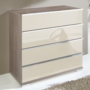 Komoda LOFT so 4 zásuvkami, korpus v dekore dub truflový, sklenené fronty vo farbe magnólia