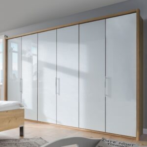 Panoramatická skriňa LOFT so 6 skládacími dverami, korpus v dekore dub bianco, sklenené fronty v bielej farbe