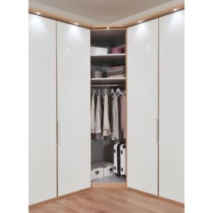 Plne vybavený modul MONACO s rozmermi 93 x 93 cm, s 1 krídlovými dverami, korpus v dekore dub bianco, biele sklenené dvere, úchytky v chrómovej úprave