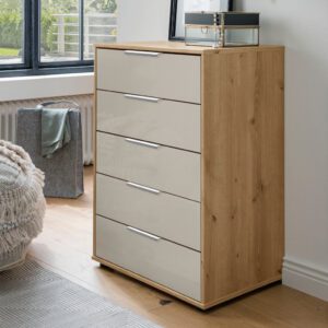 Komoda MONACO s 5 zásuvkami, korpus v dekore dub bianco, čelá zásuviek vo farbe kamienkovo sivá