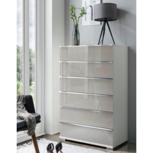 Komoda SHANGHAI 2 so 6 zásuvkami, korpus v bielej farbe, sklenené fronty v bielej farbe