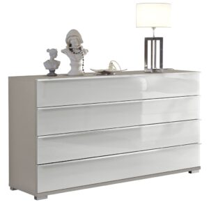 Komoda SHANGHAI 2 so 4 zásuvkami, korpus v dekore kamienkovo sivá, sklenené fronty v bielej farbe