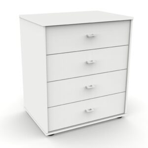 Komoda VIGO so 4 zásuvkami, korpus v bielom dekore, fronty zo skla v bielej farbe, na čiernych nábytkových klzákoch