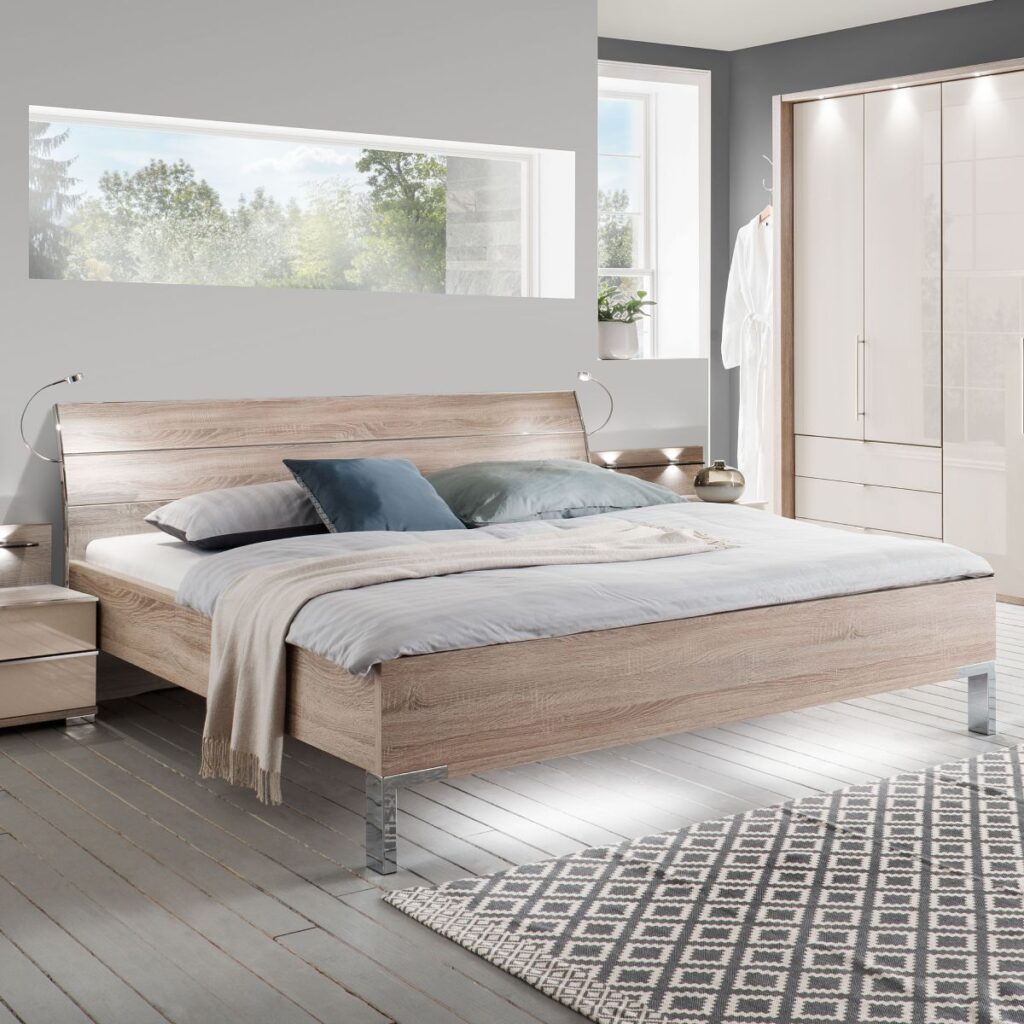 Postel LOFT s nízkym rámom 43 cm, dreveným čelom v dekore dub pílený a LED podsvietením – WIEMANN