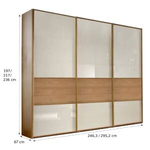 Rozmery 3-dverovej skrine KIRUNA s dubovou priečnou lištou, šírka 246,3 alebo 295,2 cm, výška 197, 217 alebo 236 cm, hĺbka 67 cm