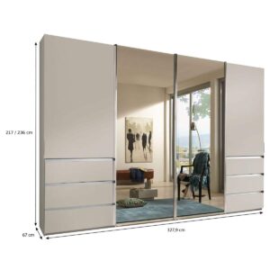 Rozmery 4-dverovej posuvnej skrine so zásuvkami MALIBU, šírka 327,9 cm, výška 217 alebo 236 cm, hĺbka 67 cm