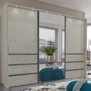 Posuvná skriňa so zásuvkami MALIBU 3D, šírka 300 cm, champagne sklo a bridlicový profil, LED osvetlenie