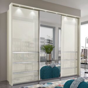 Posuvná skriňa so zásuvkami MALIBU 3D v champagne dekore, šírka 250 cm, sklenené dvere a LED osvetlenie