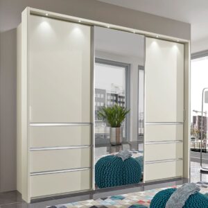 Posuvná skriňa so zásuvkami MALIBU 3D, šírka 250 cm, champagne dekor a zrkadlové dvere Parsol-Bronz, LED osvetlenie