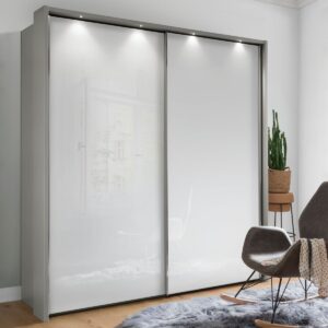 Posuvná skriňa MONACO 2 dvere v kamienkovo sivej farbe s paspartovým rámom a LED osvetlením