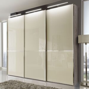3-dverová posuvná skriňa SHANGHAI v dekore dub pílený so sklenenými dverami magnólia a LED osvetlením