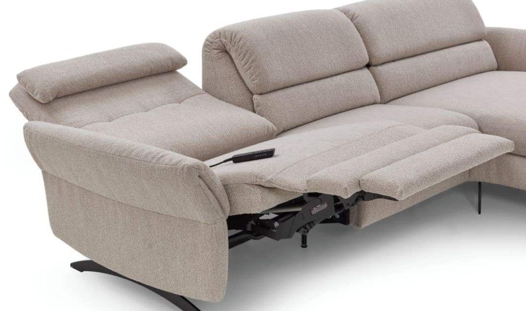 Béžová sedačka v tvare L s relaxačnou funkciou a výklopnou opierkou nôh