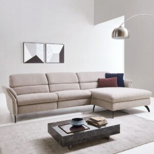 Sedačka v tvare L s veľkým longchair (102 cm) v béžovej látke – hlavný pohľad