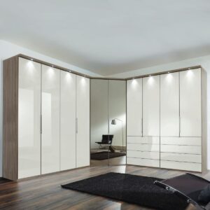 Rohová skriňa LOFT s korpusom dub truflový a sklenenými dverami champagne