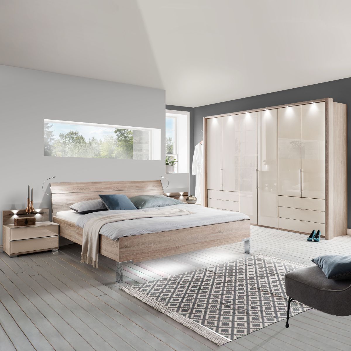 Moderná spálňa LOFT so skladacími skriňami a minimalistickou posteľou s rámom 43 cm