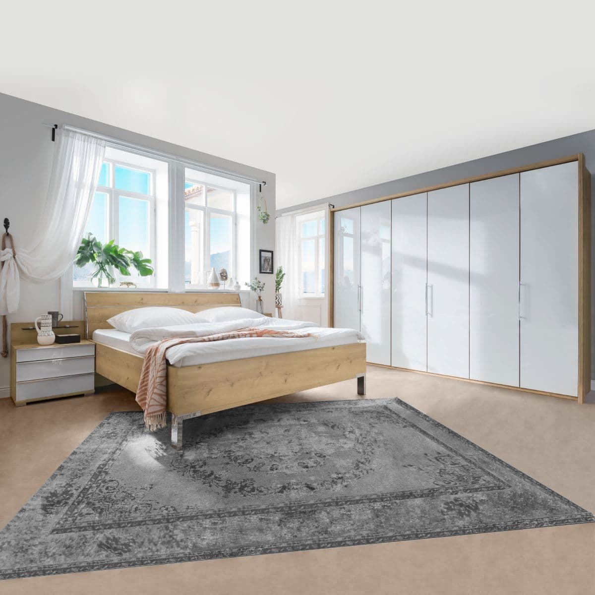 Spálňa LOFT s bielou panoramatickou skriňou bez zásuviek a posteľou v dekore dub bianco