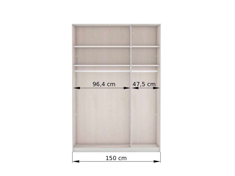 Vnútorné usporiadanie 3-dverovej šatníkovej skrine BERN 150 cm – sekcie 96,4 / 47,5 cm