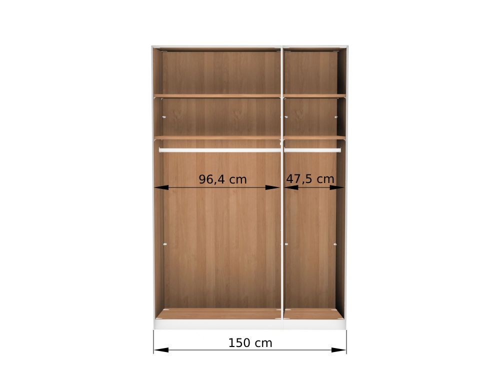 Vnútorné usporiadanie 3-dverovej šatníkovej skrine LIDO 150 cm – sekcie 96,4 / 47,5 cm