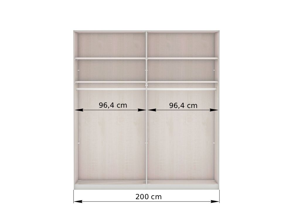Vnútorné usporiadanie 4-dverovej šatníkovej skrine 200 cm – sekcie 96,4 / 96,4 cm
