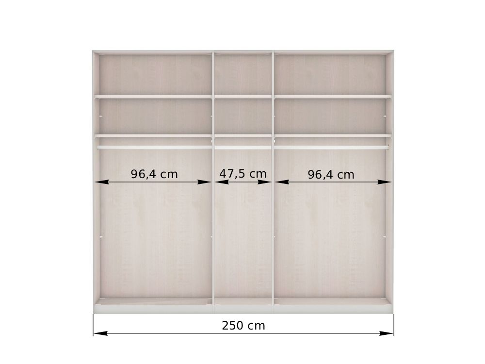 Vnútorné usporiadanie 5-dverovej šatníkovej skrine BARCELONA 250 cm – sekcie 96,4 / 47,5 / 96,4 cm