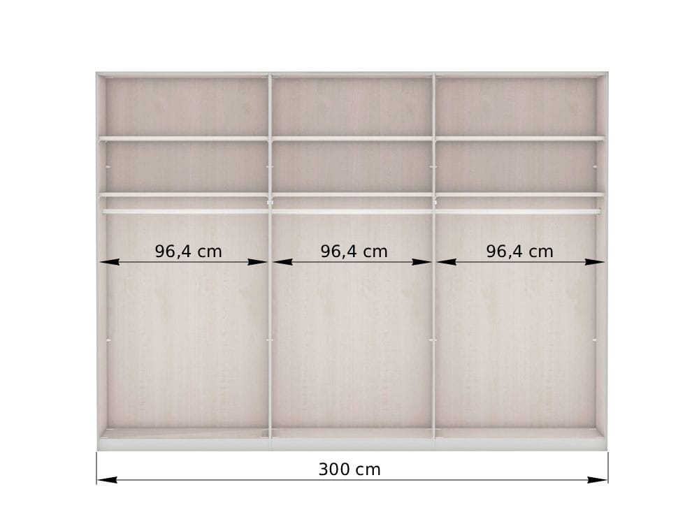 Vnútorné usporiadanie 6-dverovej šatníkovej skrine BERN 300 cm – sekcie 96,4 / 96,4 / 96,4 cm