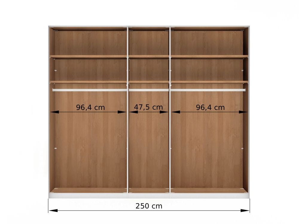 Vnútorné usporiadanie 5-dverovej šatníkovej skrine LIVORNO 250 cm – sekcie 96,4 / 47,5 / 96,4 cm