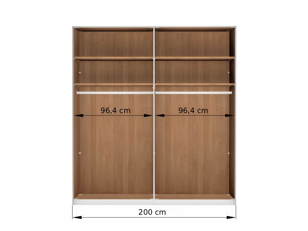 Vnútorné usporiadanie 4-dverovej šatníkovej skrine KIRUNA 200 cm – sekcie 96,4 / 96,4 cm