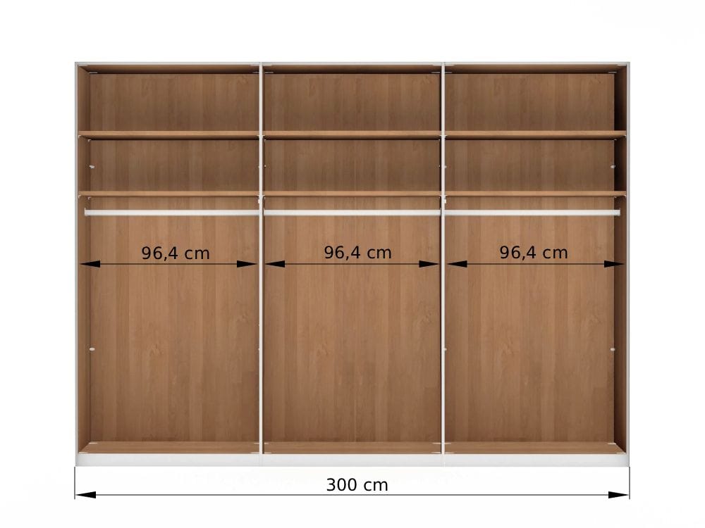 Vnútorné usporiadanie 6-dverovej šatníkovej skrine CARDIFF 300 cm – sekcie 96,4 / 96,4 / 96,4 cm