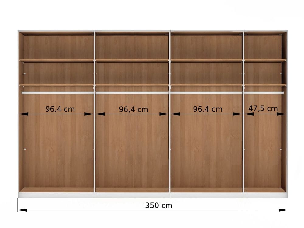 Vnútorné usporiadanie 7-dverovej šatníkovej skrine CARDIFF 350 cm – sekcie 96,4 / 96,4 / 96,4 / 47,5 cm
