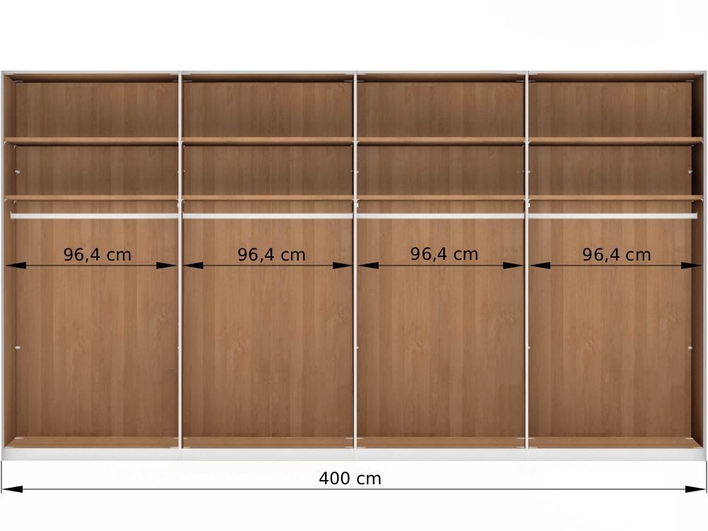 Vnútorné usporiadanie 8-dverovej šatníkovej skrine LIVORNO 400 cm – sekcie 96,4 / 96,4 / 96,4 / 96,4 cm